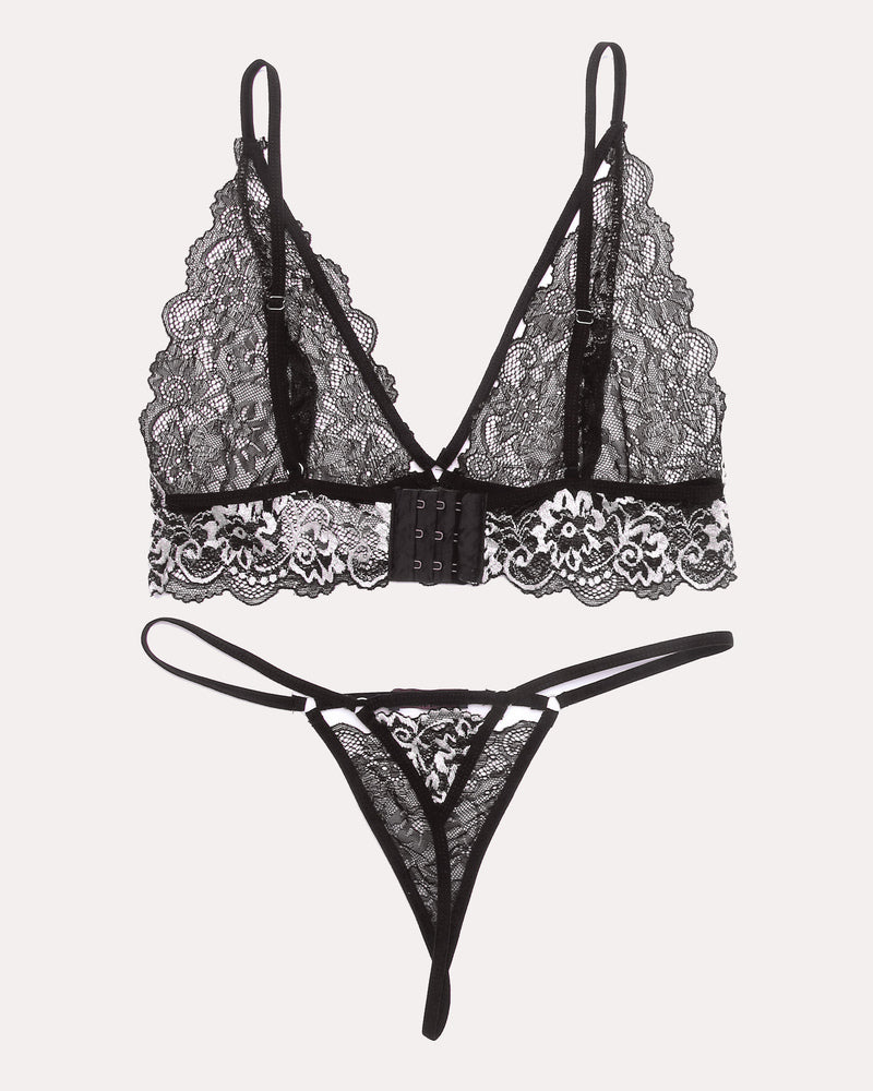 Black lace lingerie set with floral details, V-neck bra and thong panty, adjustable straps, sexy