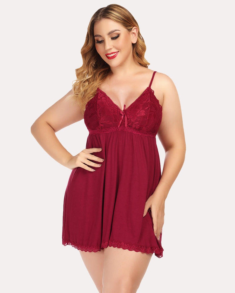 Burgundy V-neck babydoll lounge dress with spaghetti straps and lace patchwork, perfect sleepwear.