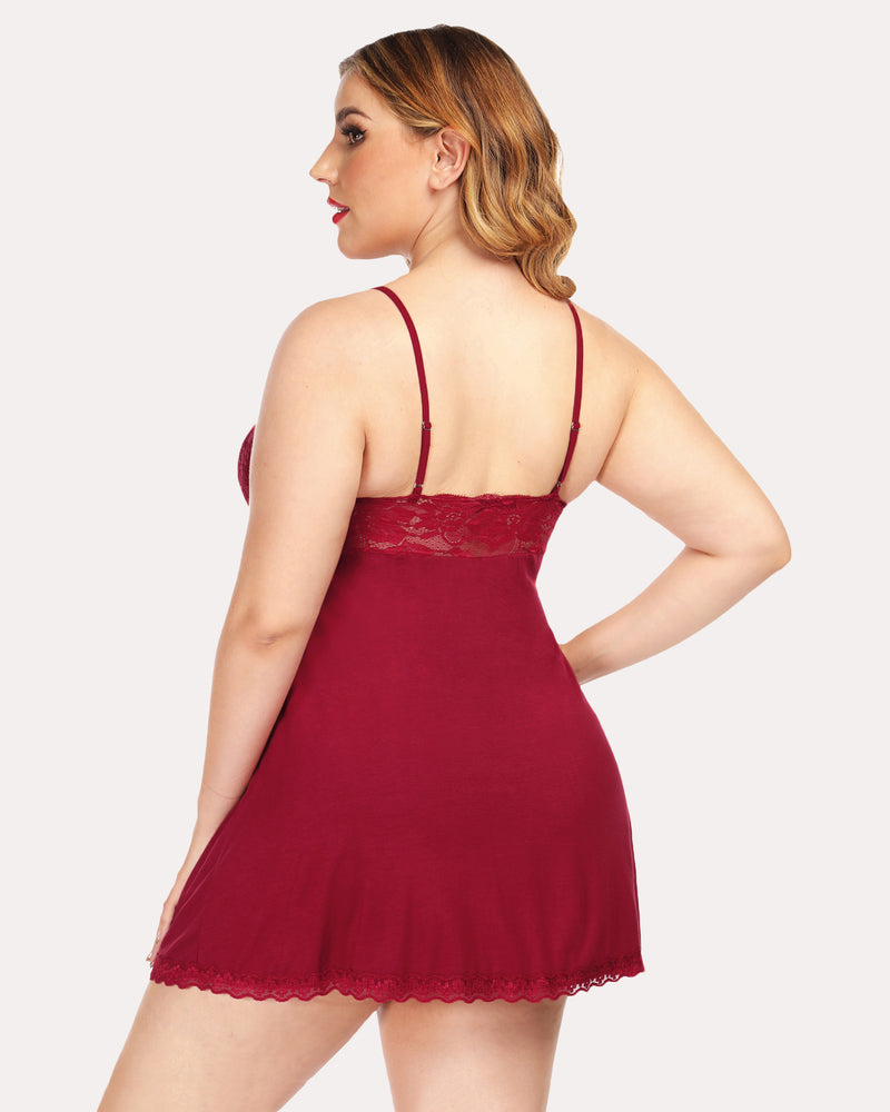 Burgundy V-neck babydoll lingerie with lace patchwork, spaghetti straps, comfortable sleepwear