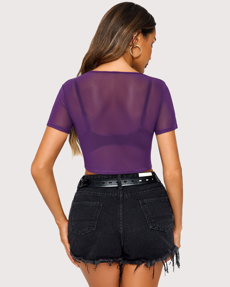 Purple mesh crop top and black shorts. See-through design. Sexy lingerie for women. Avidlove.