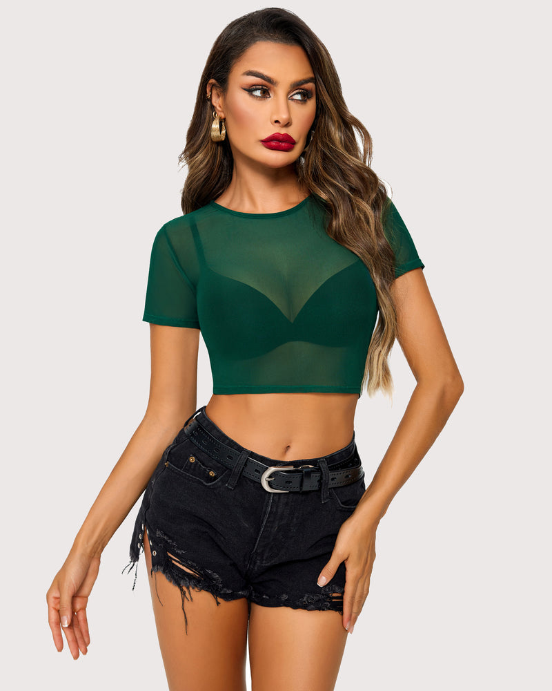 Green mesh crop top and black denim shorts. See-through blouse. Sexy lingerie.