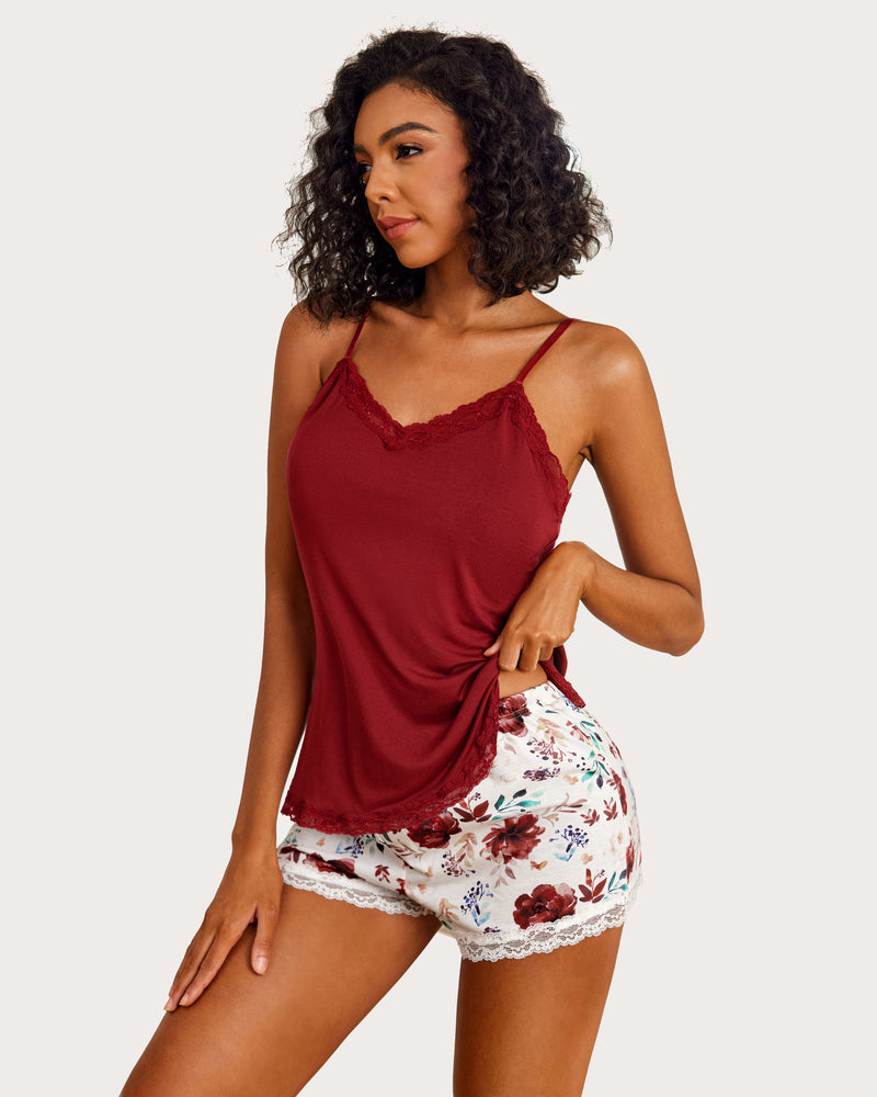Burgundy cami pajama set with floral print shorts and lace trim. Comfortable women's sleepwear.