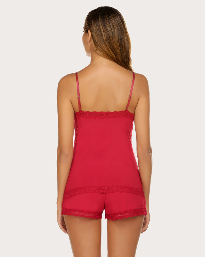 Red cami pajama set with lace trim, back view. Heart print sleepwear.