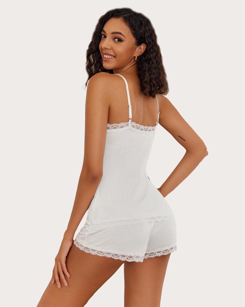 Avidlove White Lace Trim PJ Set, women's comfortable sleepwear, featuring adjustable straps.