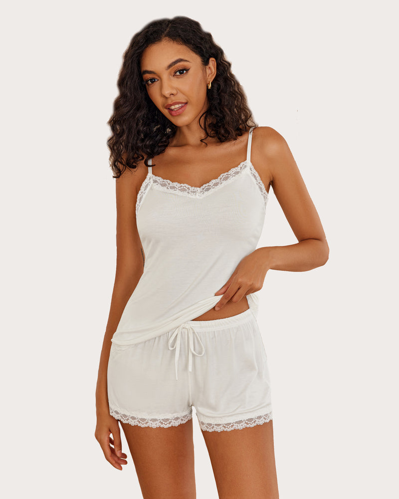 White cami lace trim short pajama set with adjustable straps, soft and comfortable for women