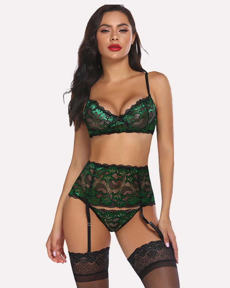 Green and black lace lingerie set with garter belt. Romantic and confident lingerie for women