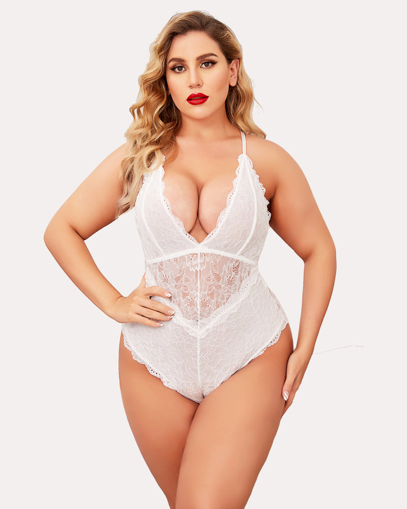 White lace plus size bodysuit with deep V-neck and snap crotch, Avidlove lingerie, comfortable fit