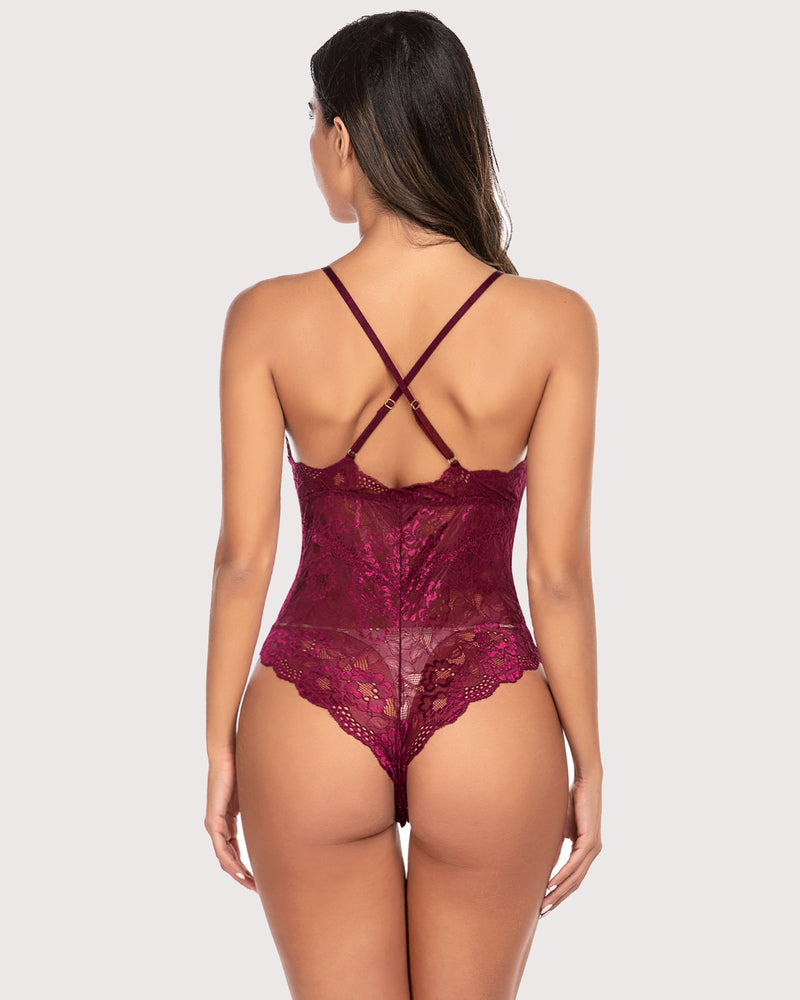 Burgundy lace Deep V teddy bodysuit with criss-cross straps and snap crotch