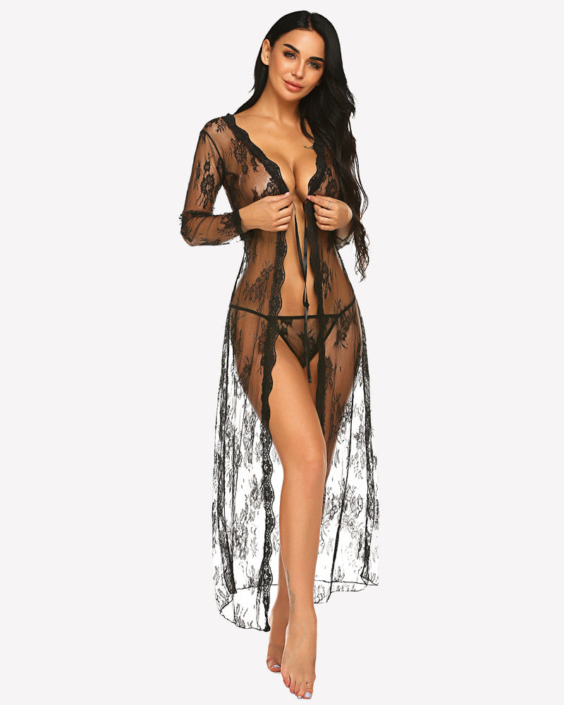 Black lace bridal robe set featuring long sleeves and sheer material, perfect for a wedding night