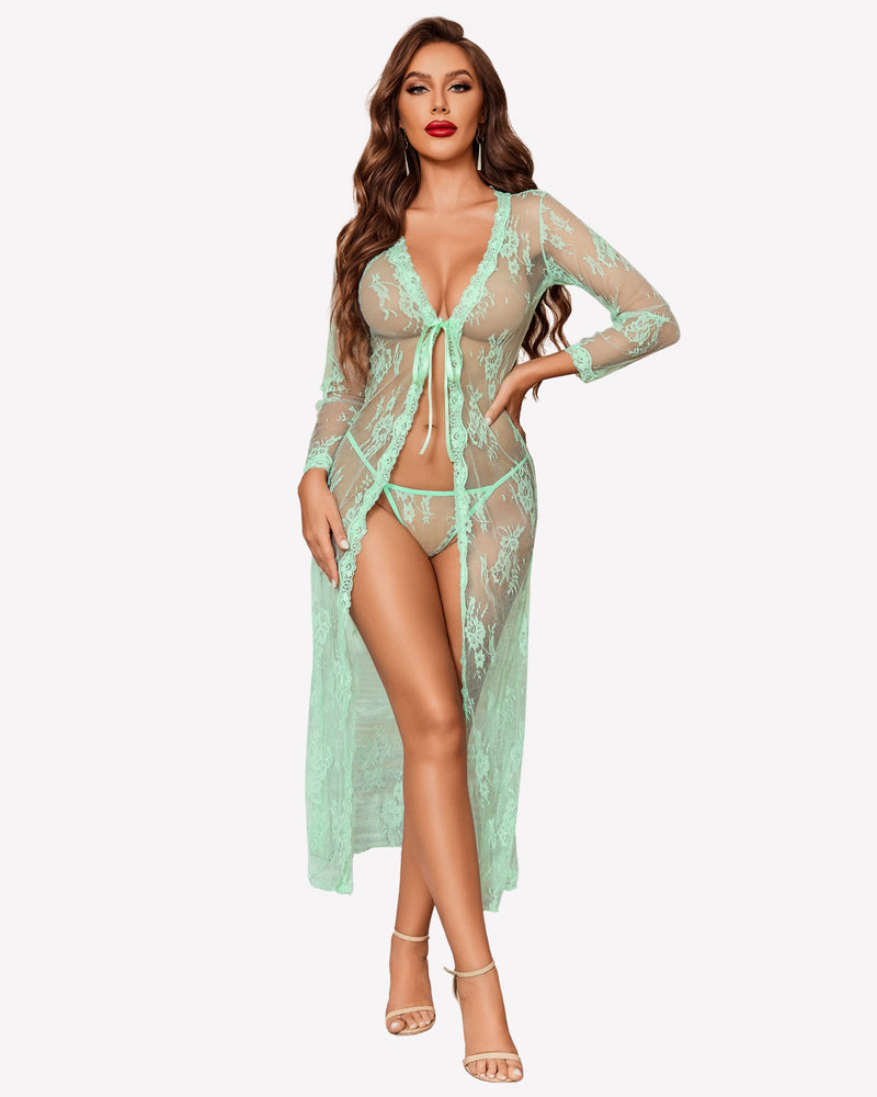 Mint green lace bridal robe set, sheer design, long sleeves, perfect for bridal night