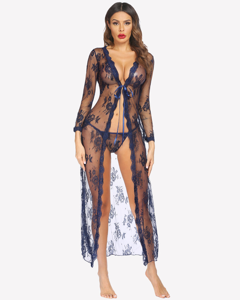 Navy blue lace robe bridal sheer wedding gown, long sleeves, floral embroidery, for a sexy look.