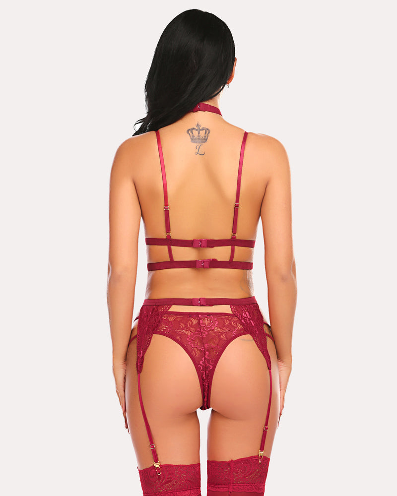 Burgundy lace garter set with strappy bra, choker, panty, stockings. Sexy lingerie for women.