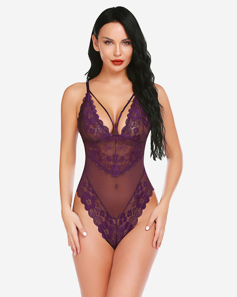 Purple floral lace bodysuit, plunging neckline, adjustable straps. Sexy lingerie for women.