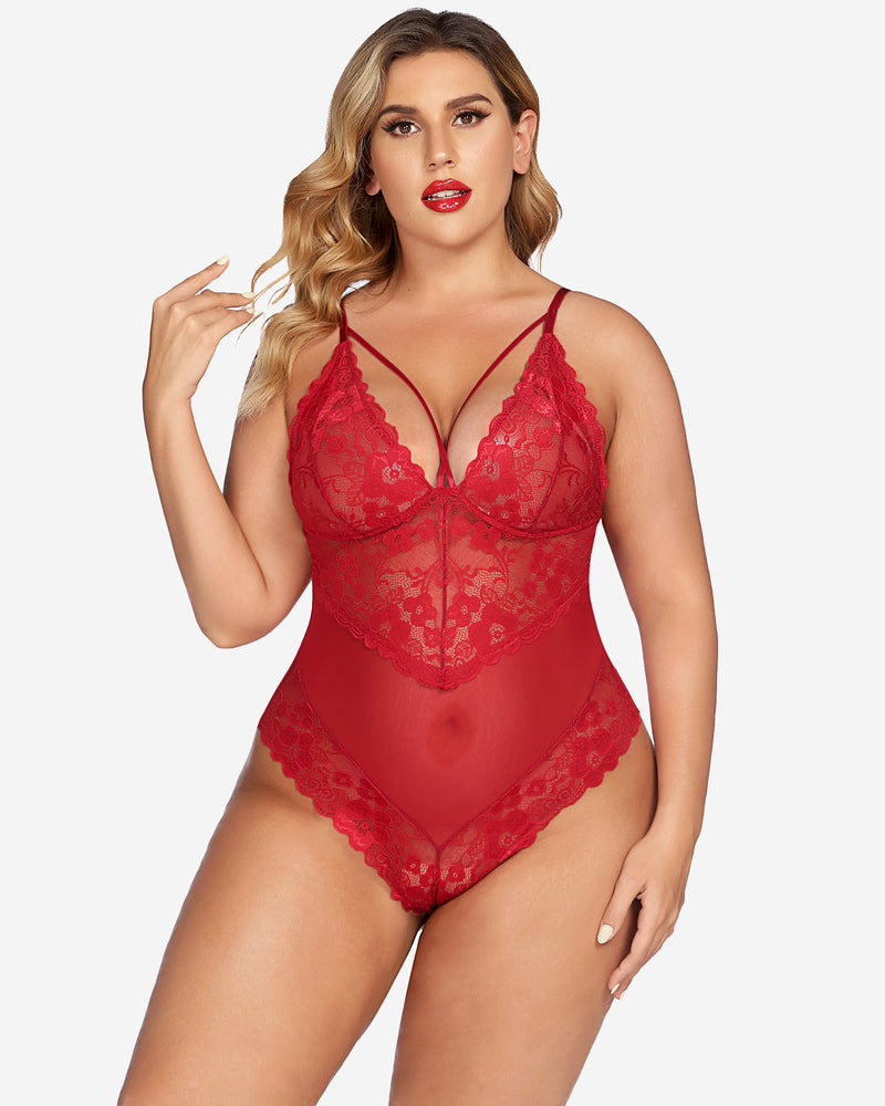 Red lace teddy bodysuit with adjustable straps and snap crotch, on a model.