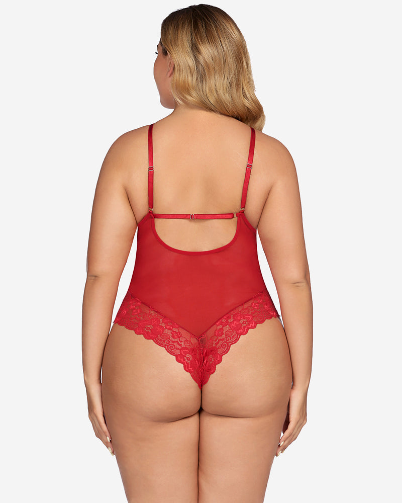 Red floral lace bodysuit, one piece lingerie for women, adjustable straps, sexy lingerie