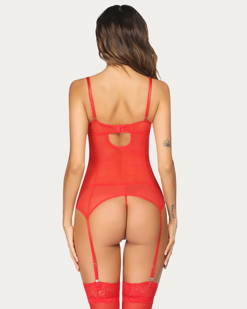 Red lace teddy bodysuit with garter belt, Avidlove lingerie, adjustable straps, and sexy design.