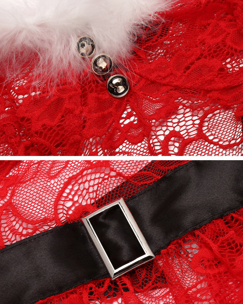 Red lace Christmas lingerie Santa babydoll with feather trim and black belt, perfect for Christmas