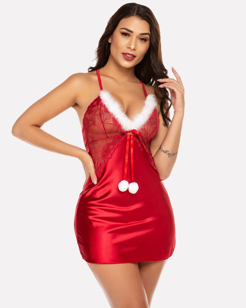 Christmas red satin chemise with lace, white fur trim, festive holiday lingerie by Avidlove.