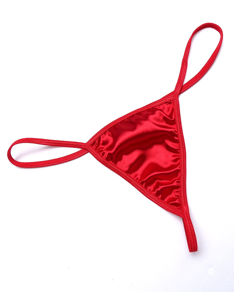 Red satin g-string lingerie with delicate straps, perfect for a sexy and confident feel