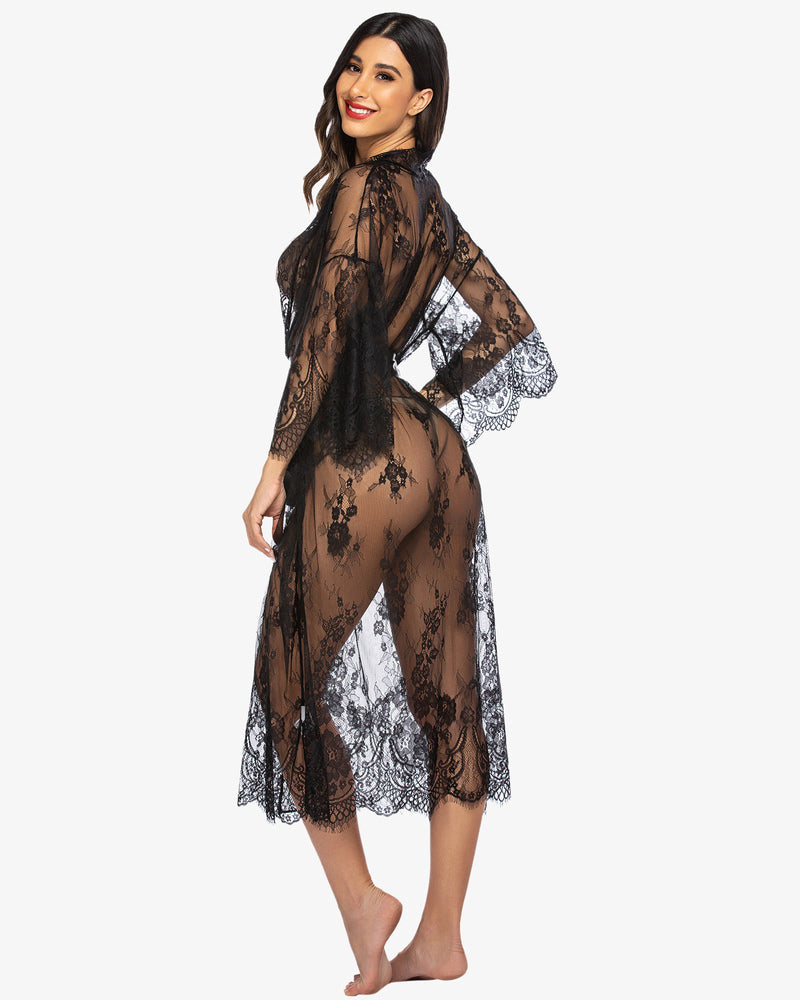 Sheer black lace kimono robe with eyelash trim. Comfortable and lightweight nightdress for women.