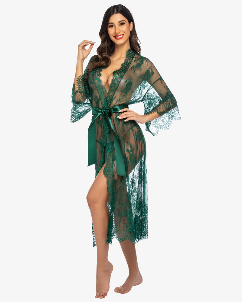 Green lace kimono robe with eyelash trim. Sheer lingerie nightdress and satin belt