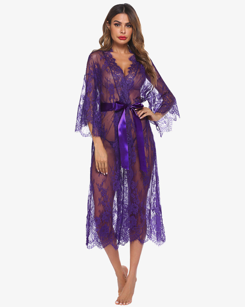Sheer purple lace kimono robe with eyelash trim and satin belt. Sexy lingerie nightdress.