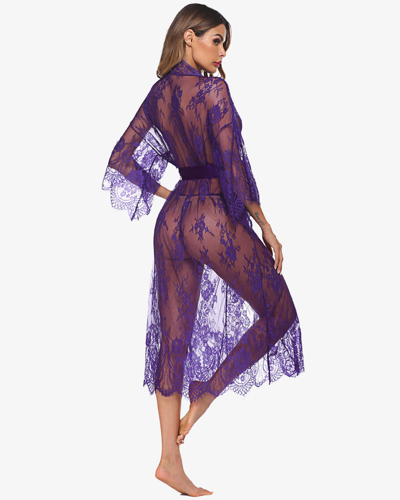 Purple lace kimono robe with eyelash trim, and satin belt. Sheer nightdress lingerie for sexy women.
