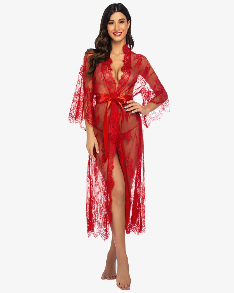 Red lace kimono robe with eyelash trim and satin belt. Sheer nightdress lingerie from Avidlove.