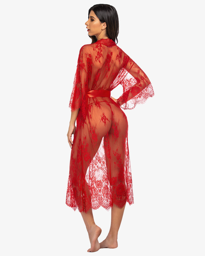 Red lace kimono robe with eyelash trim and satin belt. Sheer nightdress for confident women.