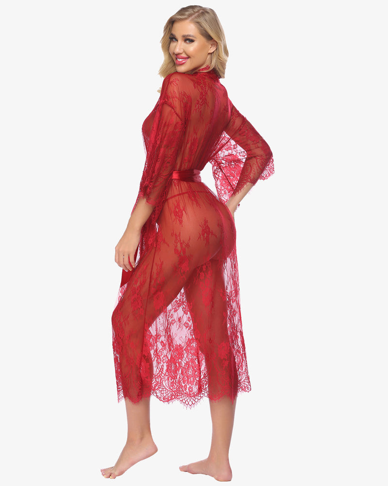 Red lace kimono robe nightdress with eyelash trim and satin belt, Avidlove lingerie, sheer and sexy