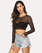 avidlove women mesh crop top long sleeve see through shirt sheer blouse o neck clubwear s 4xl