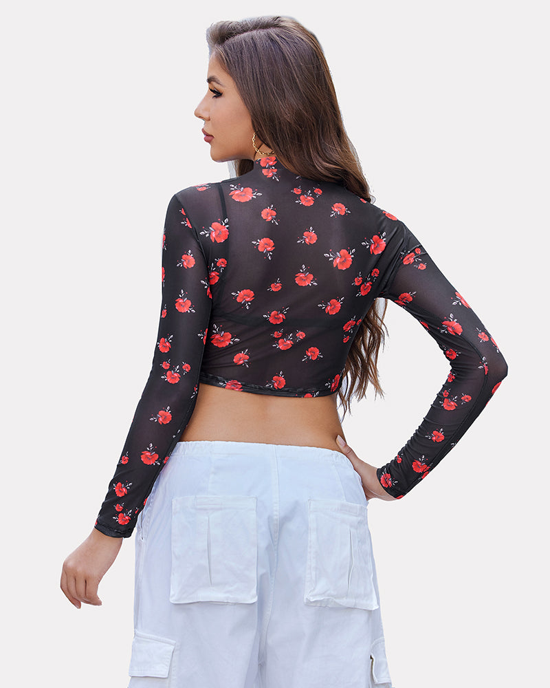 Red floral print mesh crop top, mock neck, long sleeves. Sexy lingerie see-through.