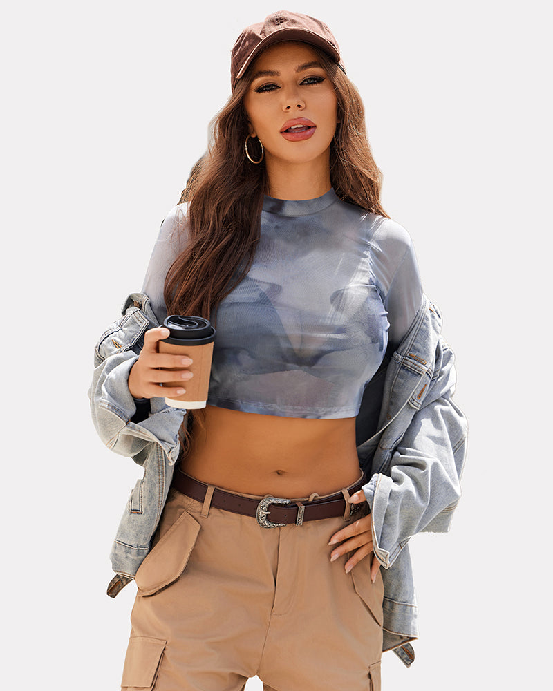 Blue swirl mesh crop top with mock neck, stylish lingerie outfit with cargo pants and denim.