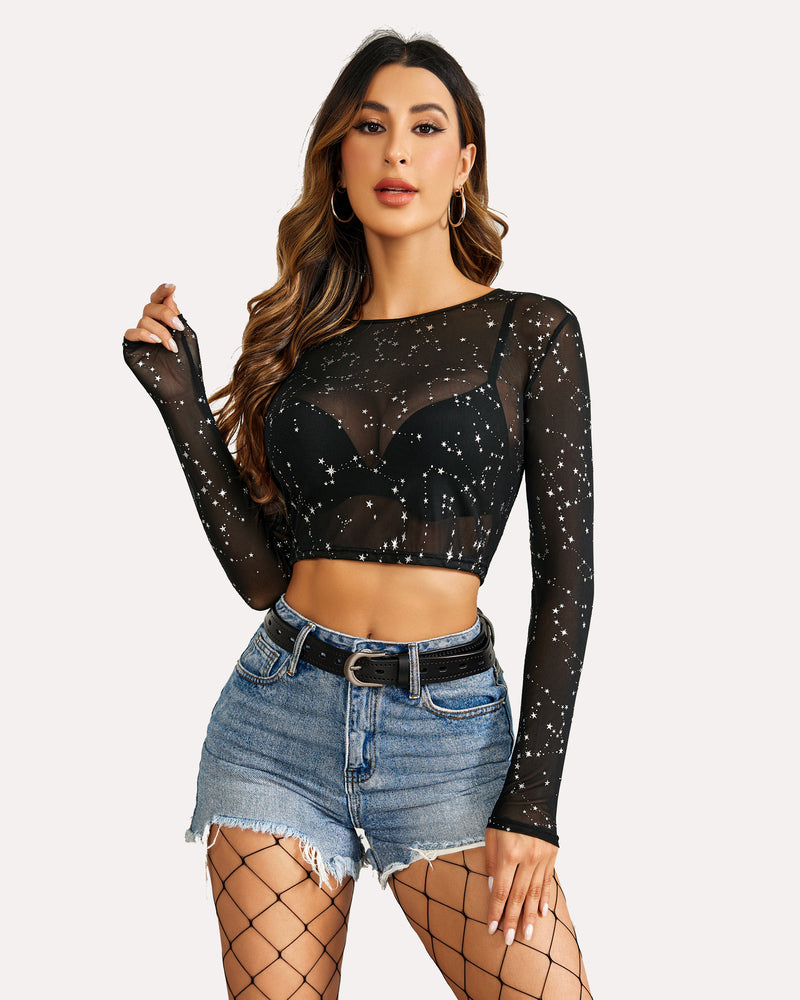 Black star mesh crop top with denim shorts, a see-through and sexy design for women.