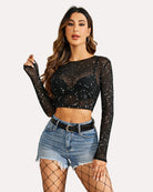 avidlove women mesh crop top long sleeve see through shirt sheer blouse o neck clubwear s 4xl