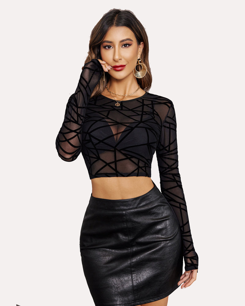 Black mesh crop top with geometric pattern and black leather skirt. Women's lingerie fashion.