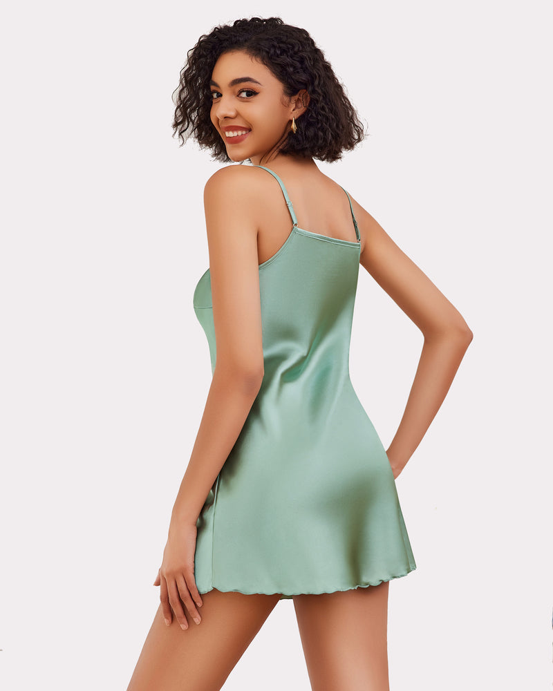 Mint green satin mini slip nightgown with adjustable straps and silky fabric, confident lingerie.