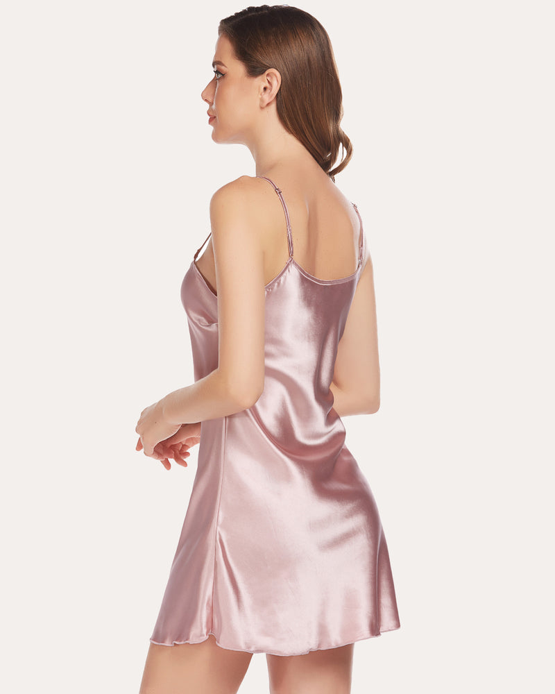 Pink satin mini slip nightwear. Adjustable straps, silky and smooth fabric