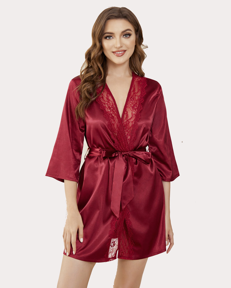 Avidlove burgundy satin short kimono robe with lace detail, silky fabric and sash tie.
