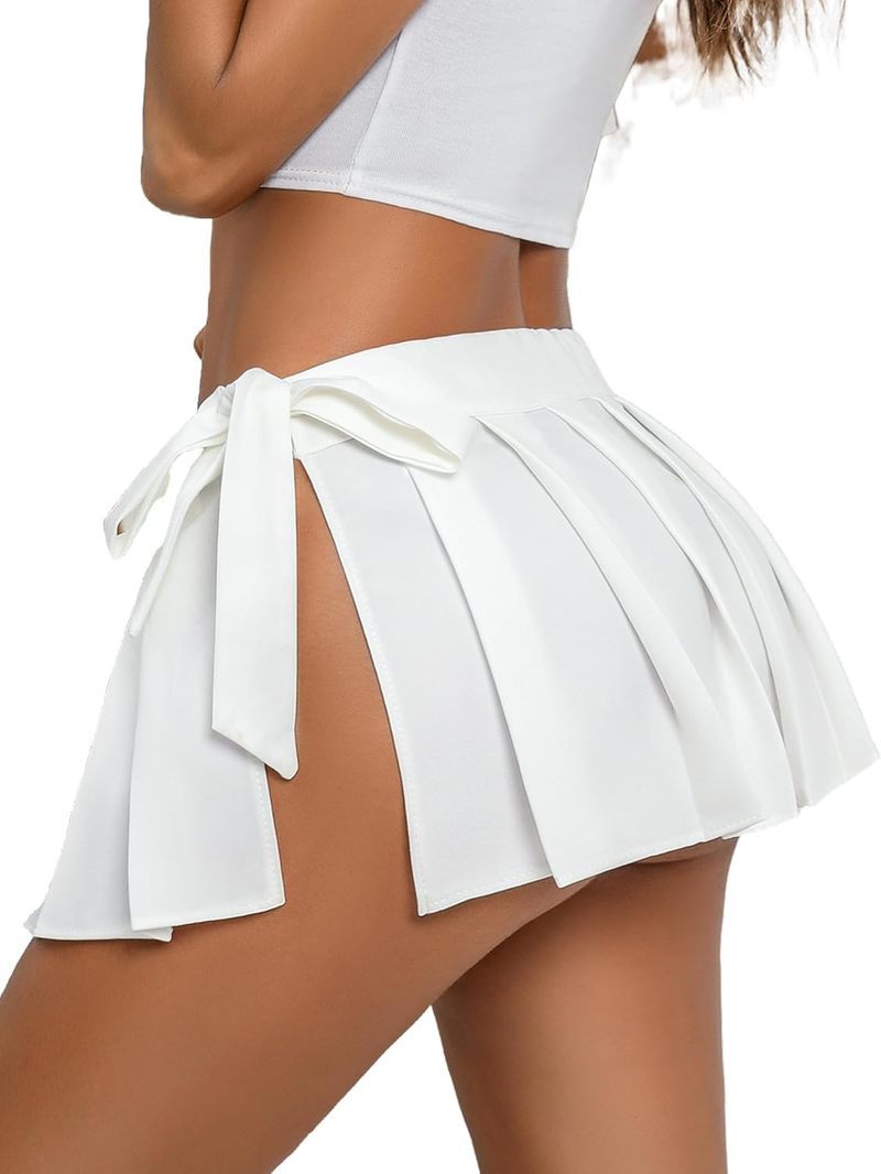 White pleated mini skirt with side tie, role play outfit. Polyester Spandex, flirty and confident.