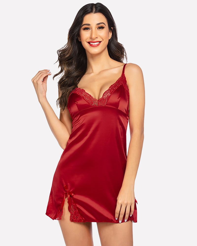 Avidlove crimson red satin V-neck mini nightgown with lace trim, sexy lingerie for women.