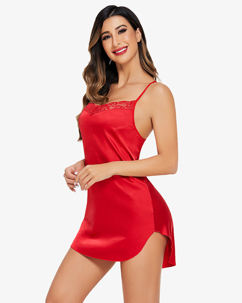 Red satin nightgown with lace trim and adjustable straps. Sexy Avidlove lingerie for women.