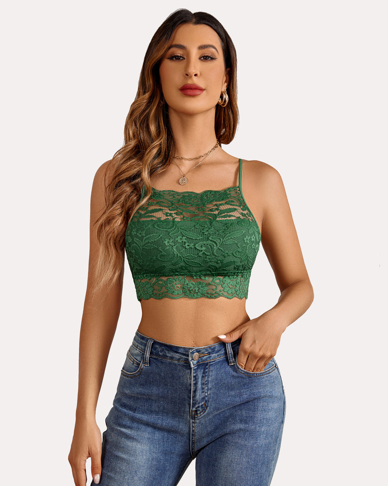 Green lace racerback bralette, stylish and comfortable lingerie with adjustable straps.
