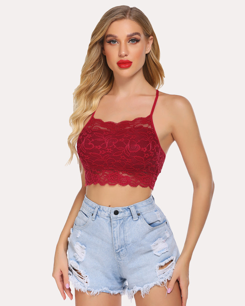 Burgundy lace racerback bralette and denim shorts. Stylish lingerie for women.