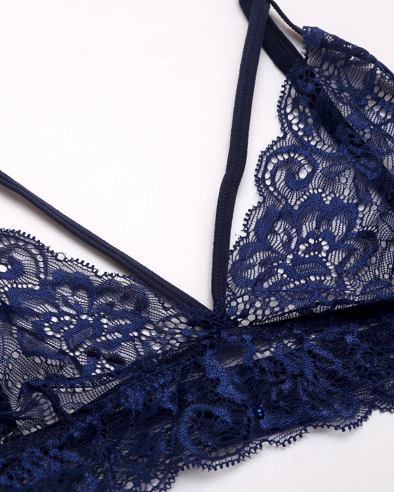 Navy blue lace bralette with adjustable straps, perfect for intimate moments, Avidlove lingerie.