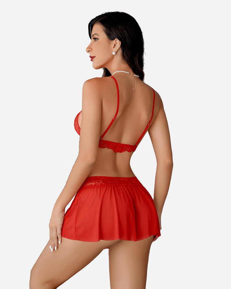 Red lace bralette and mesh skirt lingerie set for women, Avidlove, ideal for intimate moments.