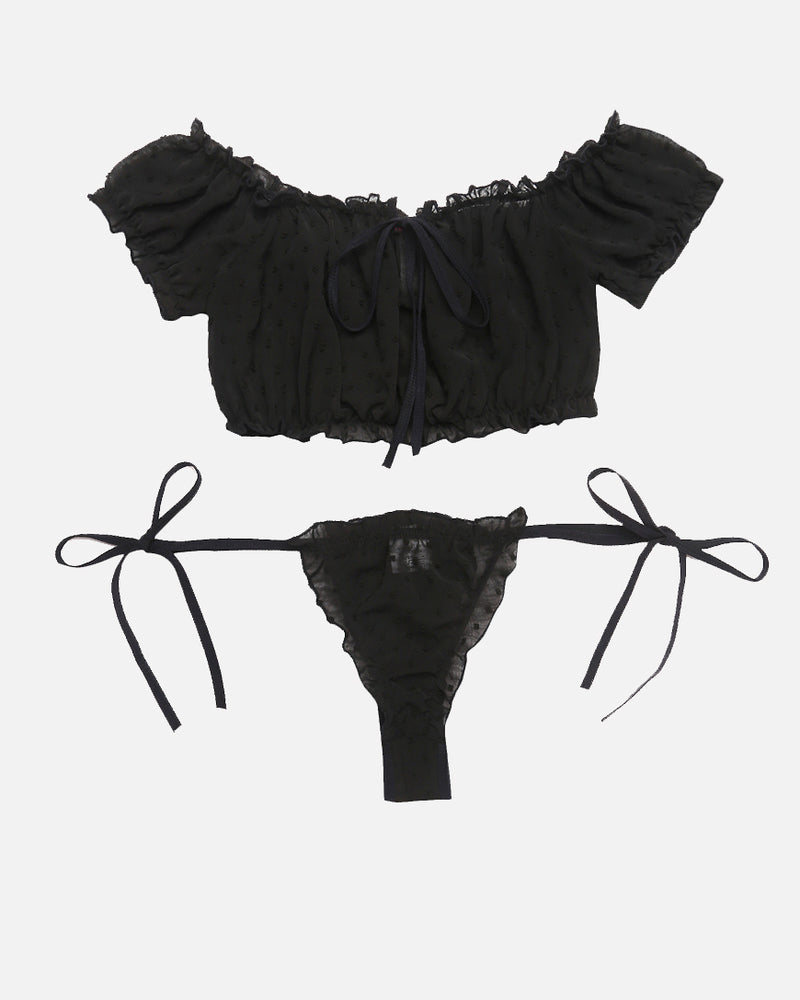 Avidlove black mesh ruffle lingerie set. Off-shoulder design, tie-side lingerie. Sensual look.