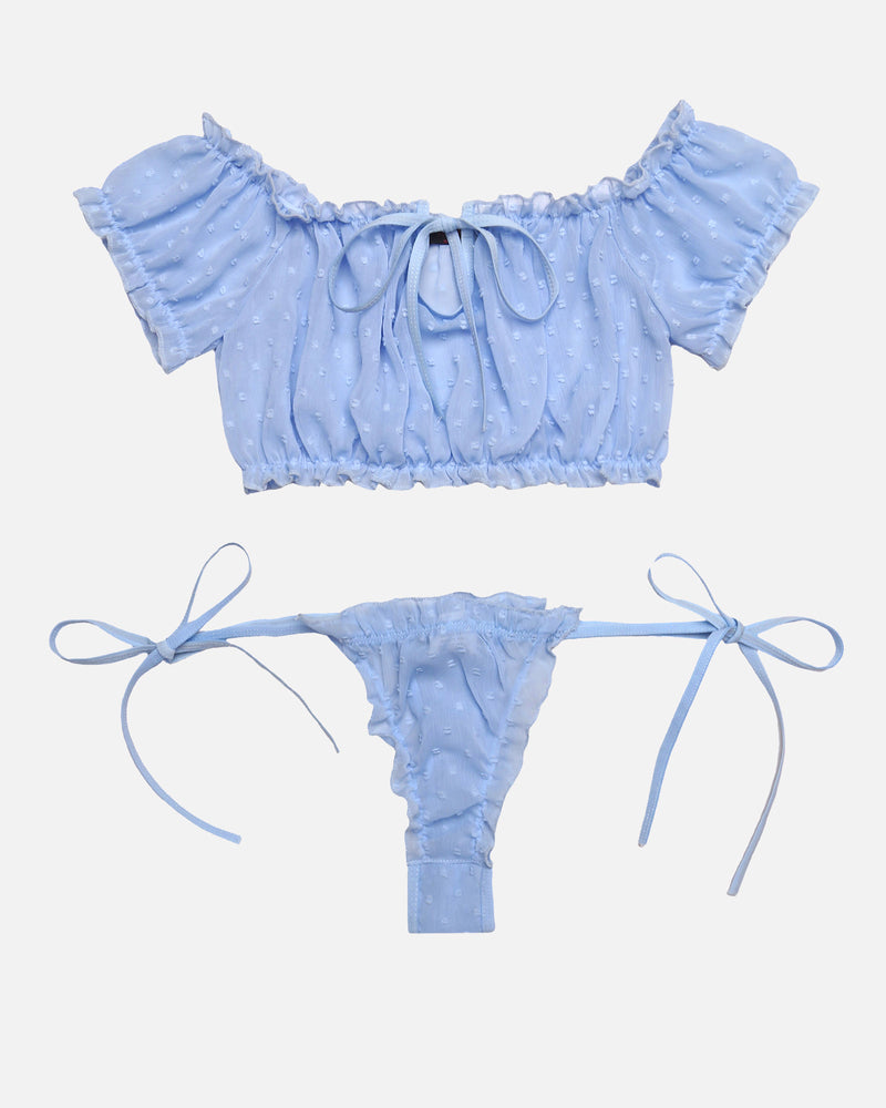 Avidlove blue mesh ruffle lingerie set. Off-shoulder bra and tie-side panty. Perfect for lingerie.