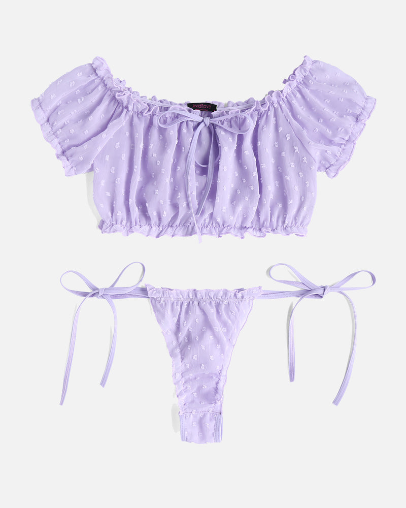 Lavender mesh crop top and tie-side panty lingerie set by Avidlove, designed for confidence.
