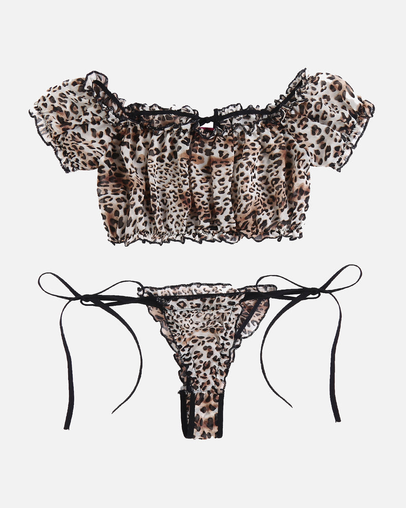Leopard print ruffle crop top and tie-side panty lingerie set. Sexy and stylish for self-expression.